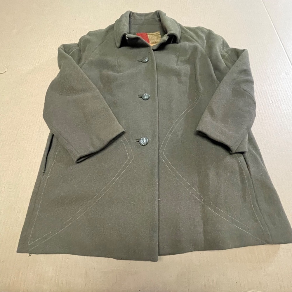 Vintage 1960s Juli de Roma Wm L Olive Green Car Coat Plaid Lined Flawed As-Is